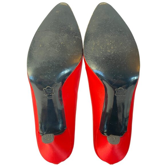 Vintage Charles Jourdan Shoes Heels Leather Red Satin Rhinestone Size 9 Paris - Picture 9 of 10